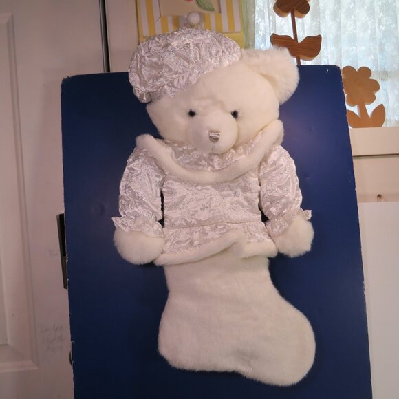 Plush Teddy Bear Stocking White & Silver - Picture 1 of 13